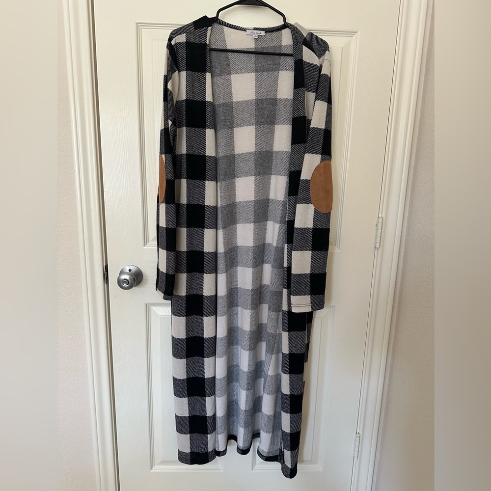 White Birch Womens XL  Buffalo Plaid Duster Cardigan Sweater, Elbow Patches